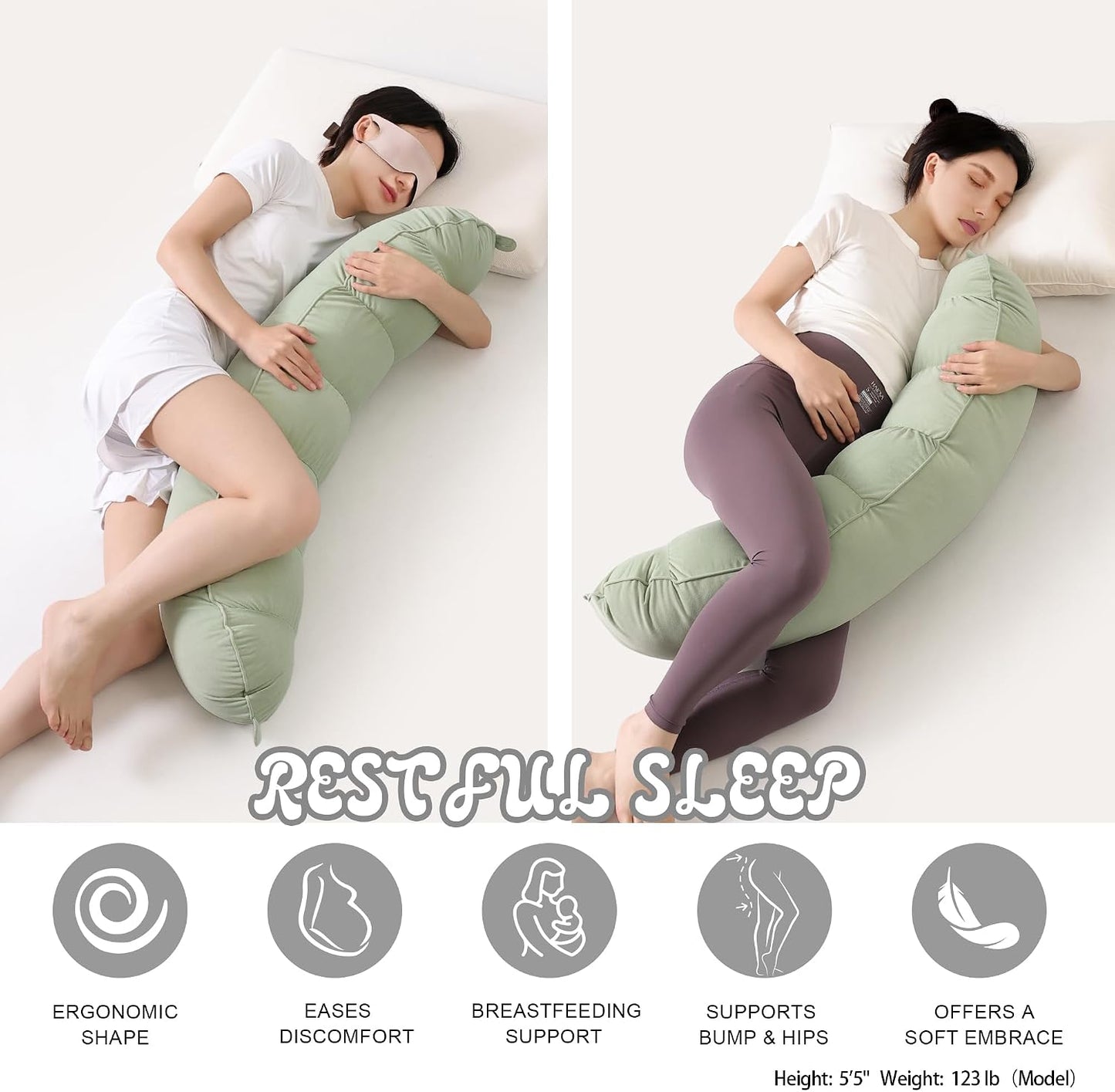 Peallow(Pat. Pend) – Long Round Body Pillow for Adults, Bolster Pillow for Sleeping, Soft and Supportive Pillow for Sleeping & Lumbar Support (Green-White, 29.5")