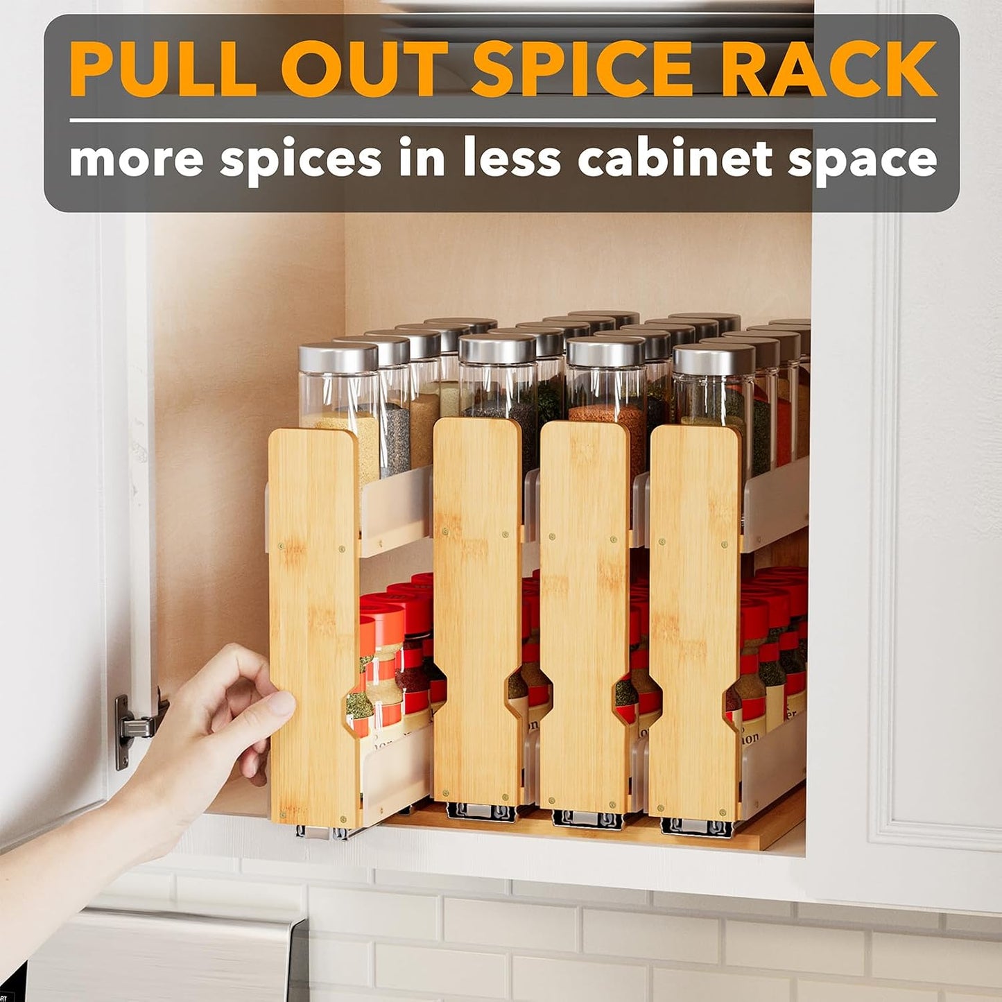 SpaceAid Bamboo Pull Out Spice Rack Organizer for Cabinet, Heavy Duty Slide Out Seasoning Kitchen Pantry Sliding Vertical Organization, 7.6" Wide, 3 Drawers(2" Wide), 2-Tier, Natural