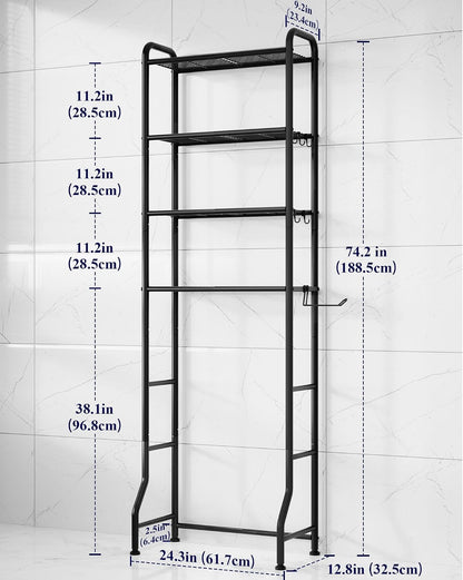 Kitsure Over Toilet Storage Rack, 63.2" H Space-Saving, Holder & Hooks | Bathroom, Laundry Room, Small Spaces, Families, Durable Metal, Black, 3 Tier