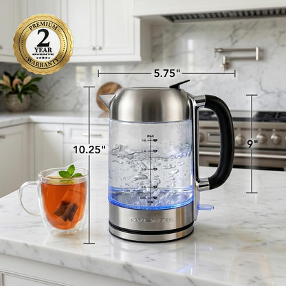 OVENTE 1.8L Glass Electric Kettle Water Boiler, Silver KG751S | 1500W Fast Boiling, Easy Fill Lid, Borosilicate Glass, BPA-Free, Blue LED, Auto Shut-Off, Boil-Dry Protection, Cordless