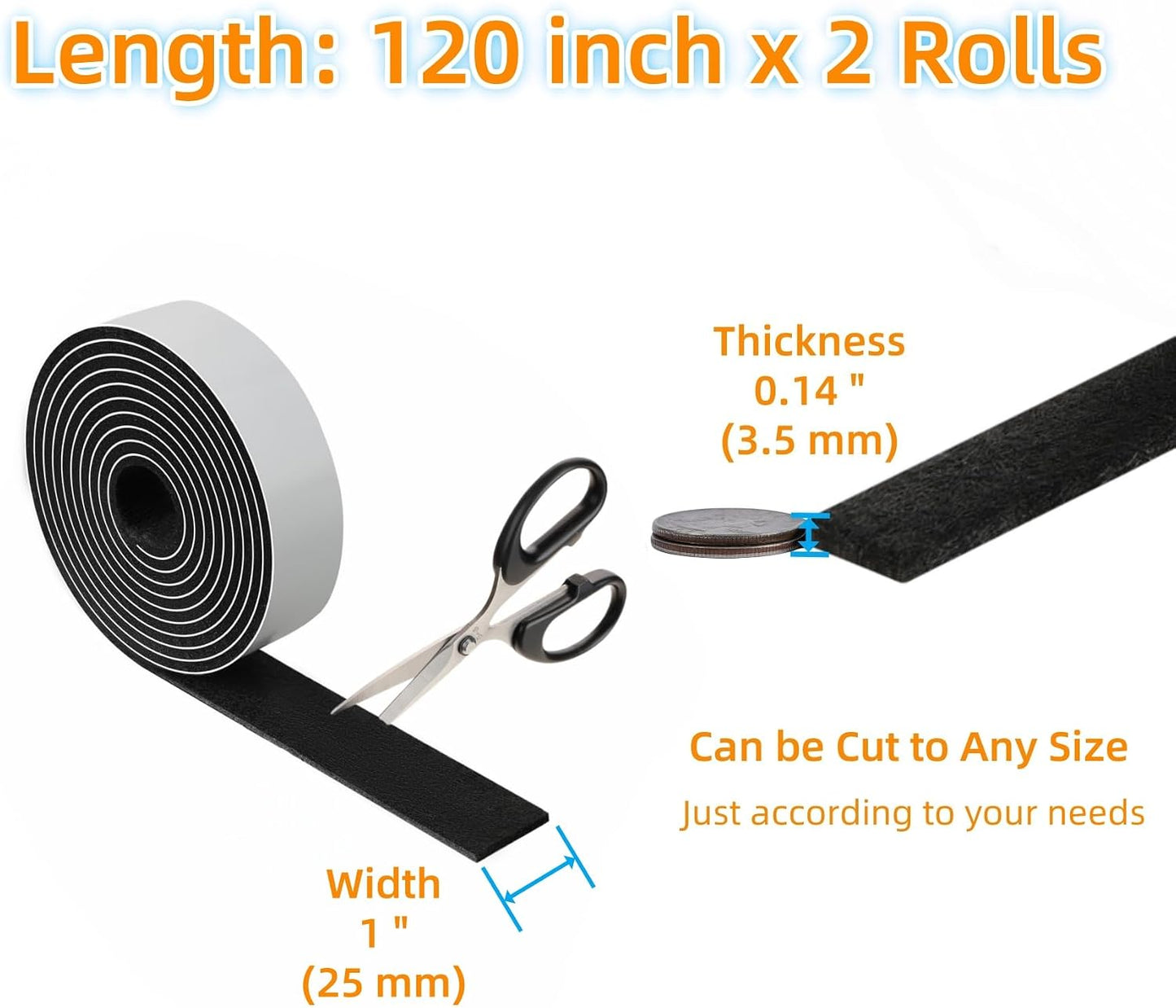 Felt Strips with Adhesive Backing Heavy Duty Cuttable Felt Tape Roll Furniture Pads for Chair Legs - Protecting Hardwood Floors, Chair Wall Protector (Black, 80 x 0.5 x 0.14 Inch)