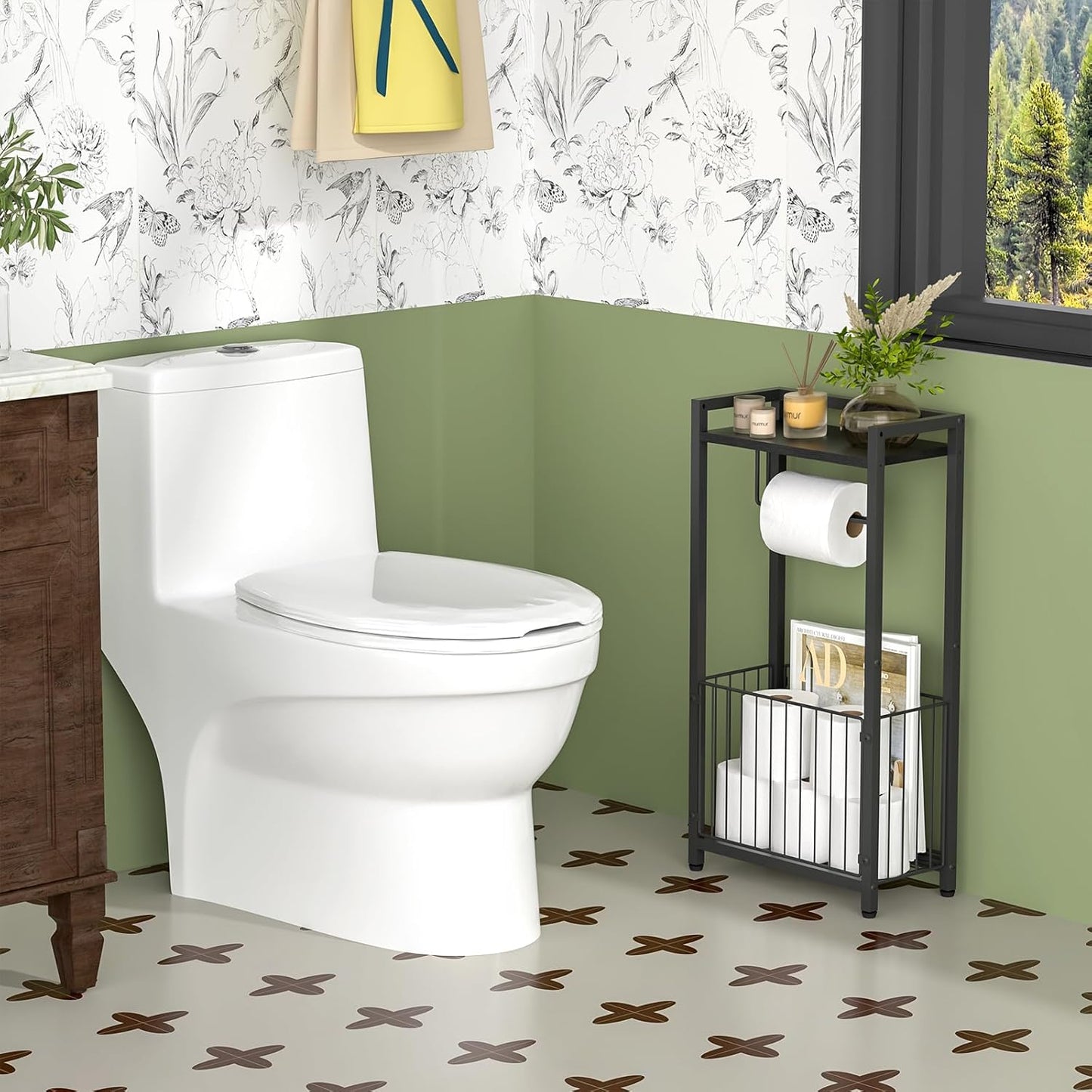 Freestanding Toilet Paper Holder with Storage Shelf | Bathroom Tissue Stand with Space for Phone, Tablet, and Magazines – All-in-One Toilet Roll Dispenser and Organizer