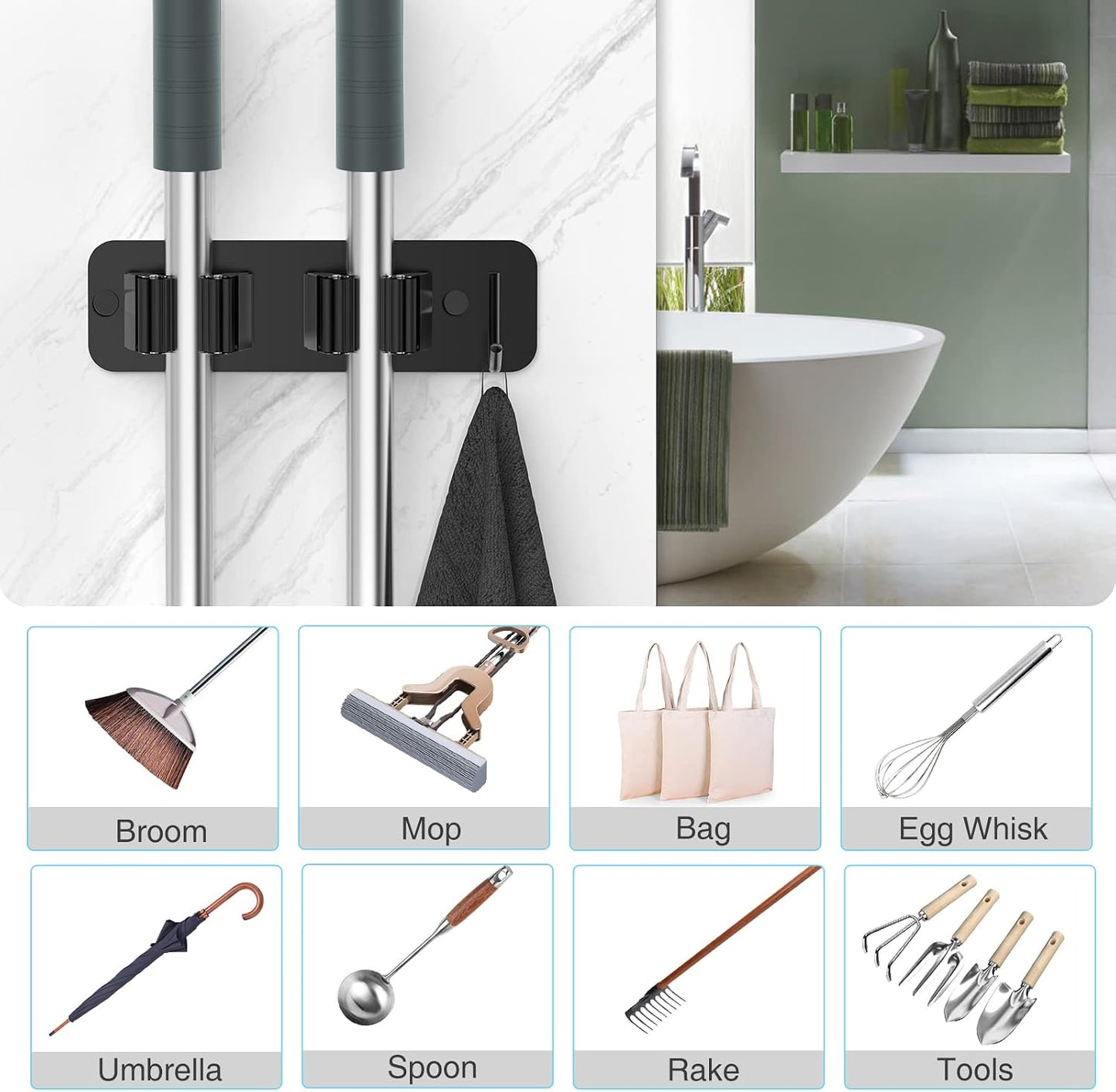 homeasy Wall Mount Mop and Broom Holder, Heavy Duty Stainless Steel Organizer Rack with Hooks | 2-Pack, 2-in-1 No Drill & Screw Installation, Silver