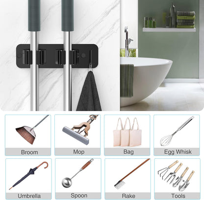 homeasy Wall Mount Mop and Broom Holder, Heavy Duty Stainless Steel Organizer Rack with Hooks | 2-Pack, 2-in-1 No Drill & Screw Installation, Silver