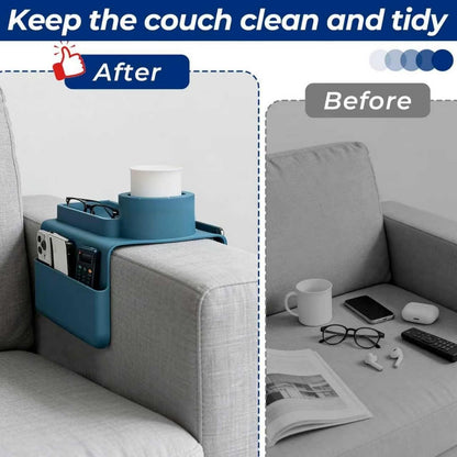 Silicone Couch Caddy Cup Holder Tray, 3-Side Sofa Armrest Organizer with Secure Gear-Shaped Locking Holder & Large Tablet Slot, Non-Slip Weighted Armchair Caddy, Couch Accessories (Grey)