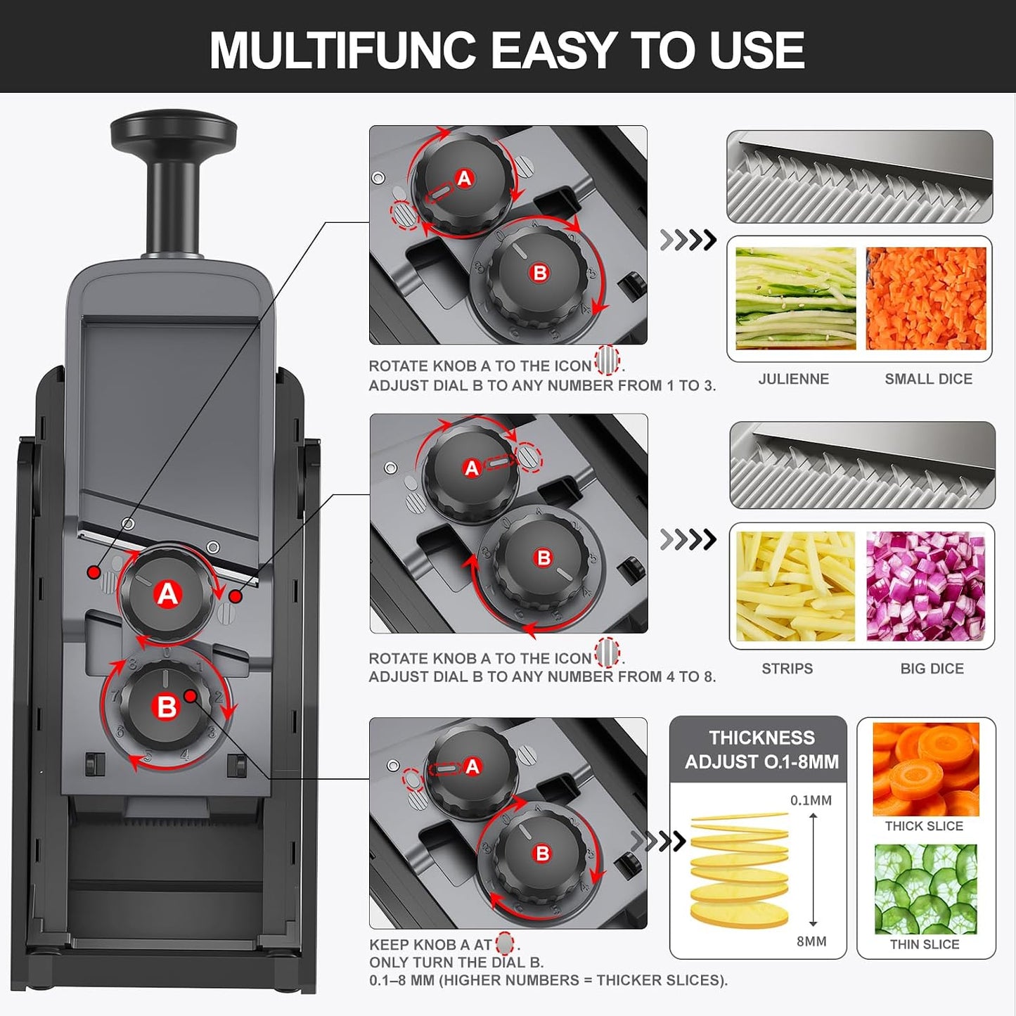 QYKIC Safe Mandoline Slicer for Kitchen, Adjustable Potato Slicer Pro | 0.1-8mm Vegetable Chopper Fry Cutter Julienne Dicer Large Chute Stainless Steel Blades Detachable Dishwasher Safe Gifts