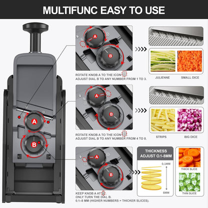 QYKIC Safe Mandoline Slicer for Kitchen, Adjustable Potato Slicer Pro | 0.1-8mm Vegetable Chopper Fry Cutter Julienne Dicer Large Chute Stainless Steel Blades Detachable Dishwasher Safe Gifts