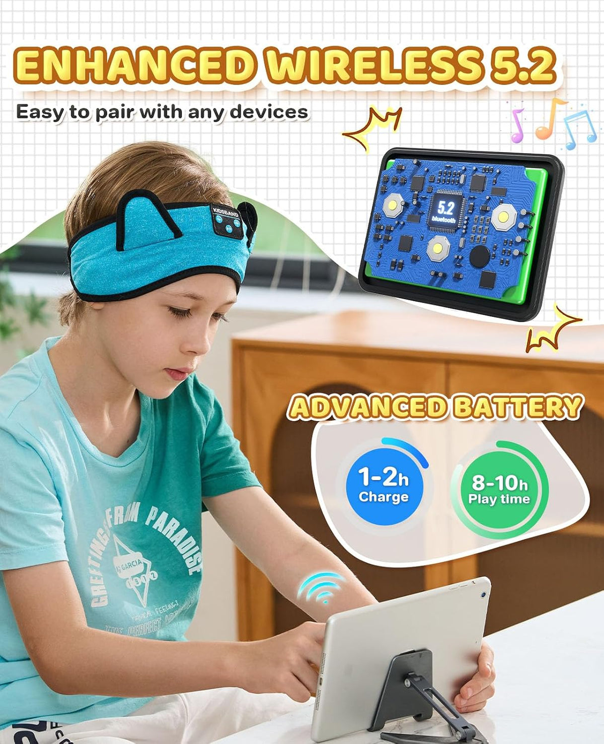 KIDSBAND Kids Bluetooth Headphones, Sleep Headband [Wireless & Wired Playback 2in1] Foldable Headphones for School/Travel/Tablet/Sleep