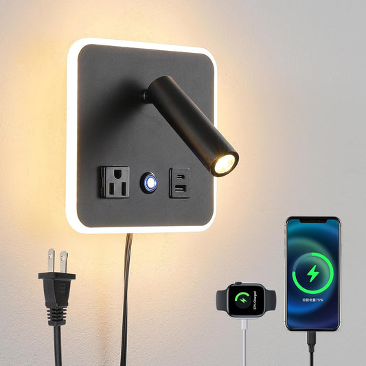 LED Headboard Reading Lamp, Dimmable Wall Sconce with USB-A/USB-C, White | Separate reading and ambient backlight controls, memory dimmer, adjustable angles, plug-in/hardwired, bedroom, bedside, hotel
