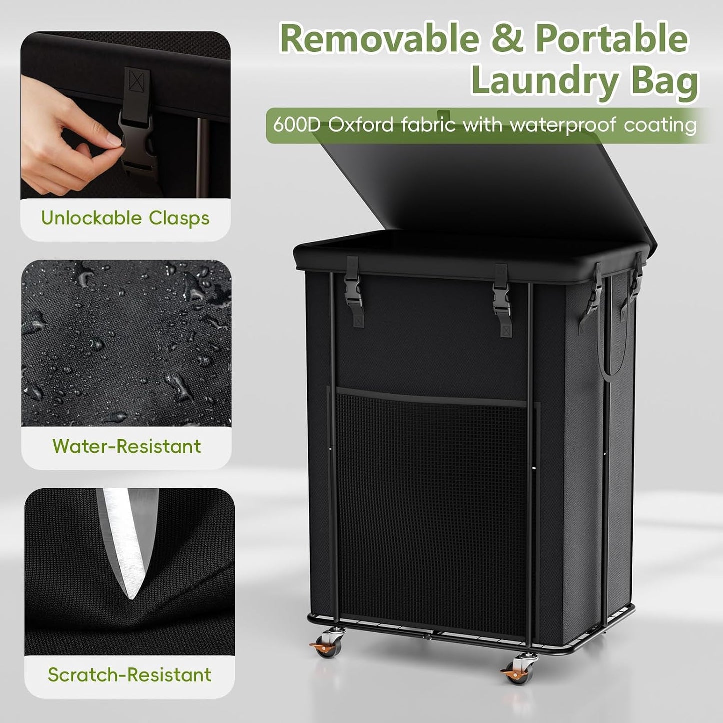 Laundry Hamper with Wheels, 150L Rolling Laundry Basket with Bag & Handles | Sturdy Metal Frame | Removable Bag | Large & Tall Dirty Clothes Hampers for Laundry Room, Bedroom, Dorm, Bathroom-Black