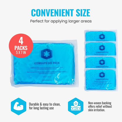 ICEWRAPS Reusable Ice Packs Compact 5 x 7 inches, Soft Cooling Pack 4 Pack | Hot or Cold Use, Puncture Resistant, Flexible Ice Pack for Everyday Comfort, Multipurpose Gel Design, FSA-HSA Eligible