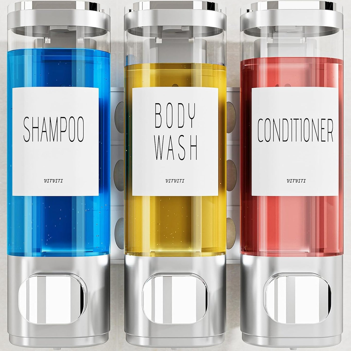 Shampoo and Conditioner Dispenser for Shower Wall Mount 3 Chamber, Black | Shower Soap Dispenser for Wall, 10.2 OZ Plastic Refillable Body Wash Bottles for Bathroom, No Drill Wall Mounted