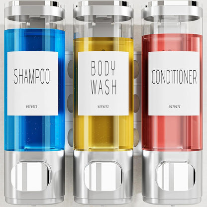 Shampoo and Conditioner Dispenser for Shower Wall Mount 3 Chamber, Black | Shower Soap Dispenser for Wall, 10.2 OZ Plastic Refillable Body Wash Bottles for Bathroom, No Drill Wall Mounted