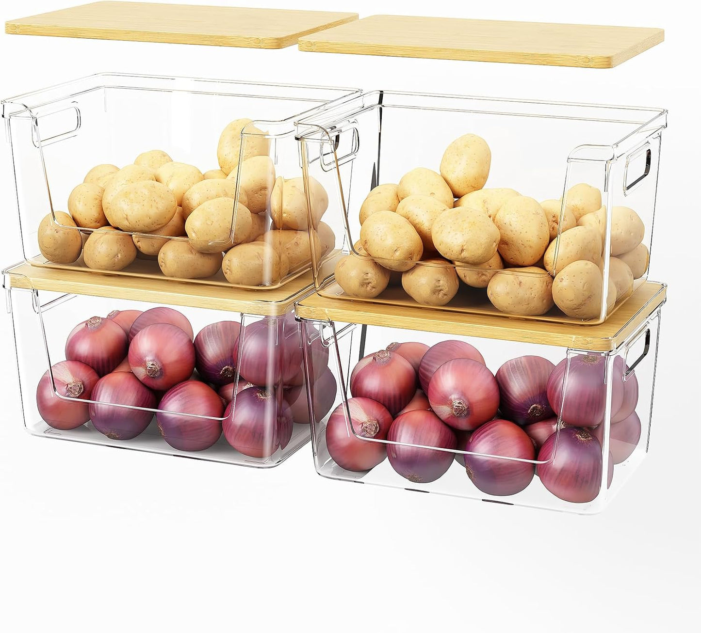 2 Set Pantry Organizer and Stackable Storage Kitchen,Sturdy and Durable Storage Basket for Potato, Onion, Garlic, Fruit, Vegetable, Produce, Clear Plastic Storage with Lid&Handle