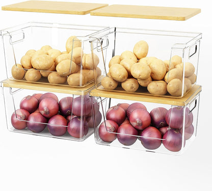 2 Set Pantry Organizer and Stackable Storage Kitchen,Sturdy and Durable Storage Basket for Potato, Onion, Garlic, Fruit, Vegetable, Produce, Clear Plastic Storage with Lid&Handle