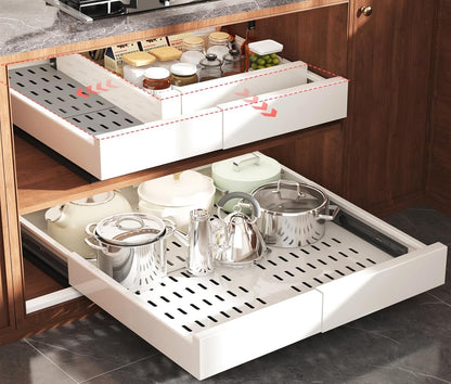 Seinloes Pull Out Cabinet Organizer,4-Side Expandable to Maximize Cabinet Space,Slide Out Drawers with 3 Rail Design,Roll Out Shelf with Raising Pad for Framed Cabinet,13"-21"W x 17"-24"D,White,2 Pack