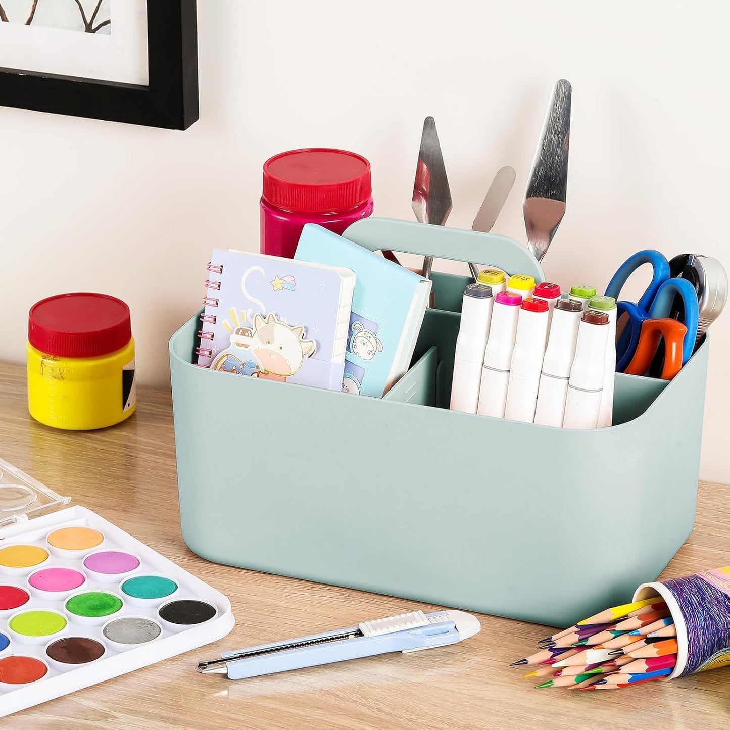 Multiuse Caddy Organizer with Handle, Portable Divided Plastic Tote Bin - Art Craft, Stationary Pen Marker Crayons, Makeup Hair Supplies Storage - Bathroom, Classroom, Dorm, Office, Desk Holder - Grey