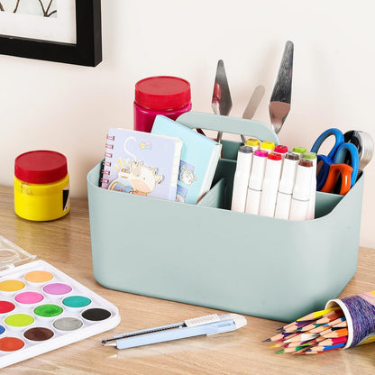 Multiuse Caddy Organizer with Handle, Portable Divided Plastic Tote Bin - Art Craft, Stationary Pen Marker Crayons, Makeup Hair Supplies Storage - Bathroom, Classroom, Dorm, Office, Desk Holder - Grey