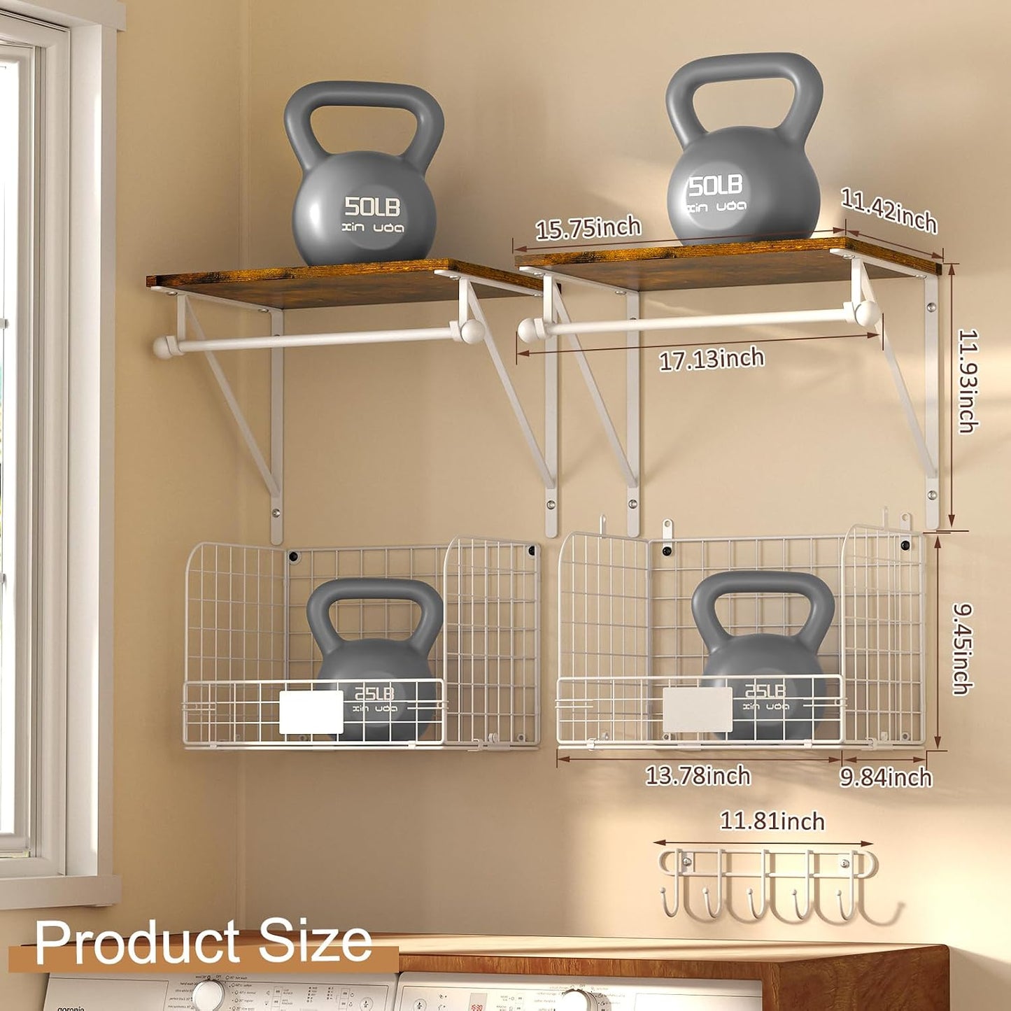 Laundry Room Shelves Wall Mounted with Wire Baskets, Over the Washer and Dryer Shelf with Clothes Drying Rack, Wire Shelves Baskets for Laundry Closet Organization and Storage, Wood+Metal, Black