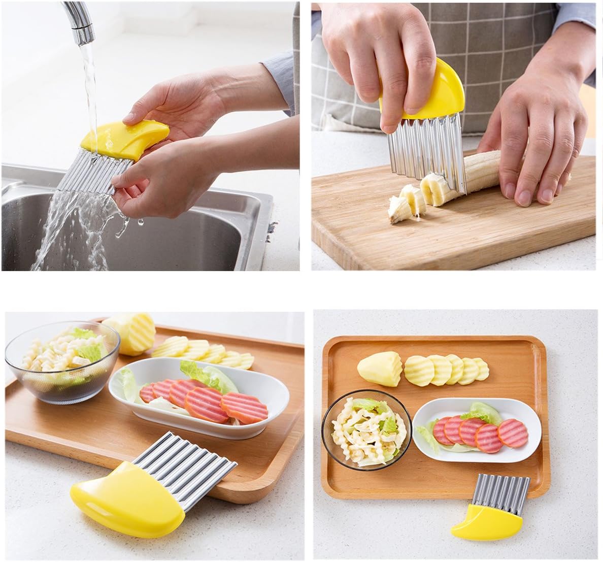Crinkle Cut Knife set, 1 Fork Slicing Helper 3 Stainless Steel Crinkle Cutter, Fruit And Vegetable Wavy Chopper Knife, Potato Cutter Onion Cutter Fren