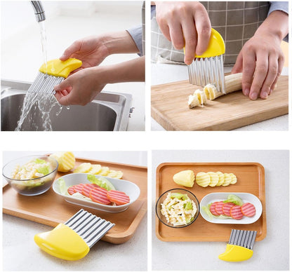 Crinkle Cut Knife set, 1 Fork Slicing Helper 3 Stainless Steel Crinkle Cutter, Fruit And Vegetable Wavy Chopper Knife, Potato Cutter Onion Cutter Fren