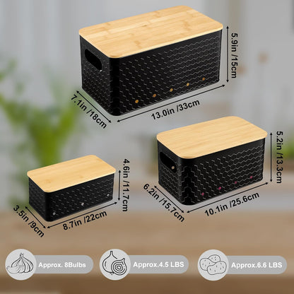 Kitchen Vegetable Storage Set of 3, Metal Onion Garlic Potato Storage Set, Kitchen Canisters Vegetable Keeper Containers with Aerating Holes and Bamboo Lid,Black