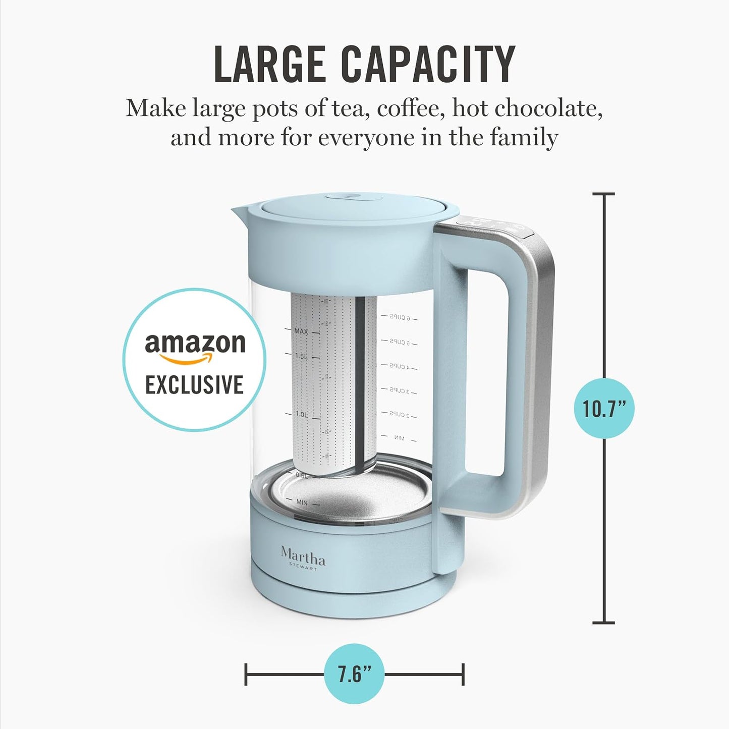 Martha Stewart 1.7L Glass Carafe Electric Kettle with Removable Tea Infuser | 7 Cups, 4 Presets, Rapid Boiling, Stainless Steel Tea Leaf Infuser, Cordless Swivel Base, Keep Warm, Auto Shut-Off, Linen
