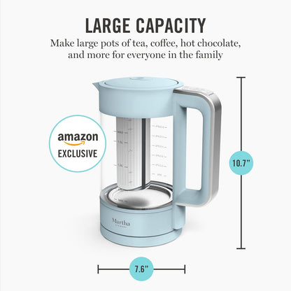 Martha Stewart 1.7L Glass Carafe Electric Kettle with Removable Tea Infuser | 7 Cups, 4 Presets, Rapid Boiling, Stainless Steel Tea Leaf Infuser, Cordless Swivel Base, Keep Warm, Auto Shut-Off, Linen