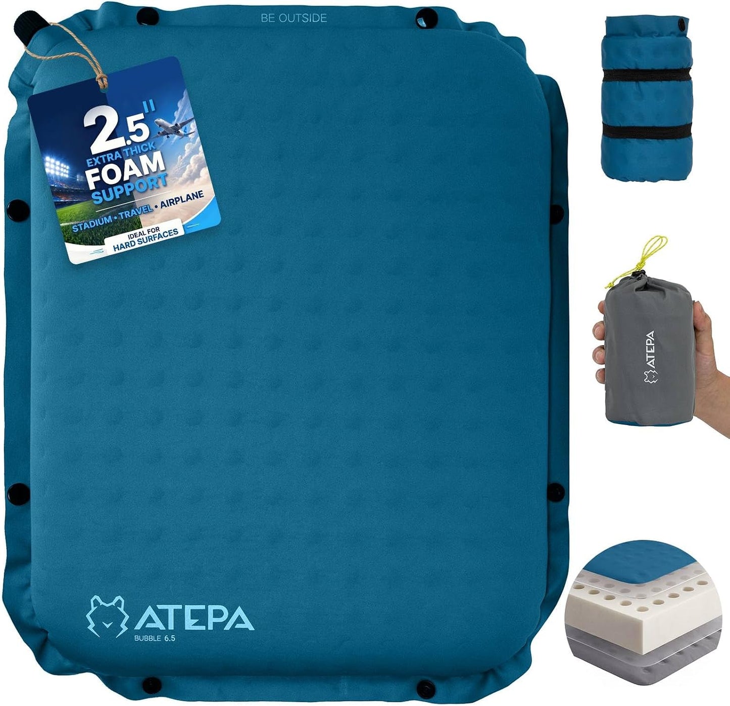 ATEPA Inflatable Seat Cushion | 2" & 2.5" foam core seat pad, Self inflating, Compact, Stadium, Airplane, Travel, Camping, Hiking, Sports events
