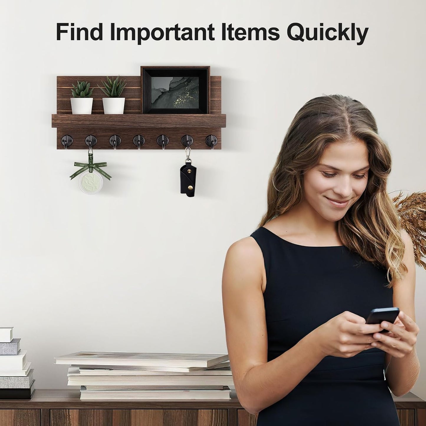 Lwenki Key Holder Wall Mount, Entryway Key and Mail Holder with 7 Sturdy Hooks for Sunglasses, Dog Leash, Decorative Wall Shelf with Mounting Hardware, 15”W x 6.7”H x 4.2”D