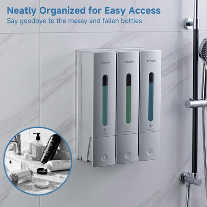 Shampoo Dispenser for Shower - Shower Soap Dispenser Wall Mounted No Drill - Shampoo Body Wash Dispenser 2 Chamber - Easy Install for Bathroom Hotel Silver 800ml