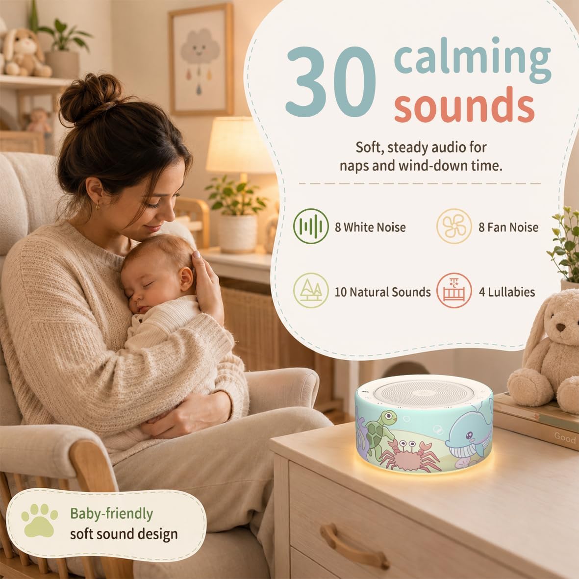 Kipcush White Noise Machine for Baby & Adults, 30 Soothing Sounds, Sleep Sound Machine with 8 Color Night Light, Memory Function, White Noise for Sleeping, Nursery, Office, Travel & Relaxation