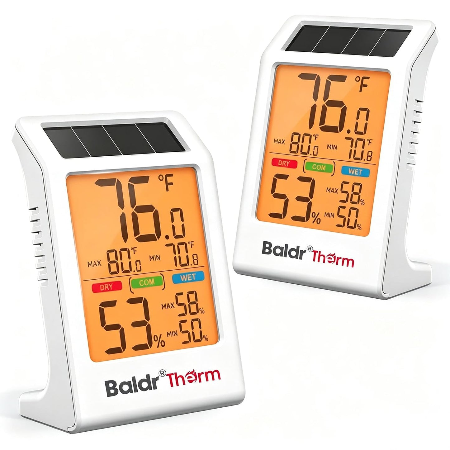 BALDR Solar Indoor Thermometer Humidity Meter No More Battery Changes | 2 Packs Temperature and Humidity Monitor with Backlight & Max Min Records Digital Hygrometer for Room House Home Greenhouse