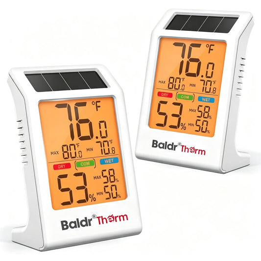 BALDR Solar Indoor Thermometer Humidity Meter No More Battery Changes | 2 Packs Temperature and Humidity Monitor with Backlight & Max Min Records Digital Hygrometer for Room House Home Greenhouse