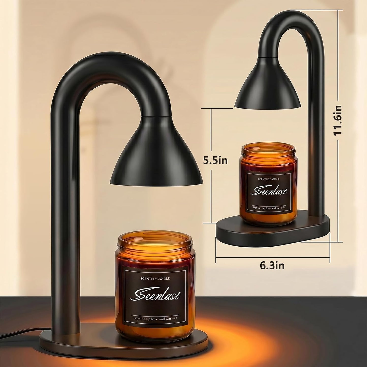 seenlast Black Candle Warmer Lamp with Timer – Industrial Minimalist | Electric Wax Warmer with Dimmer, Solid Metal, Birthday Gift, Black Lamp for Homewarming, Bedroom, Living Room, Bathroom