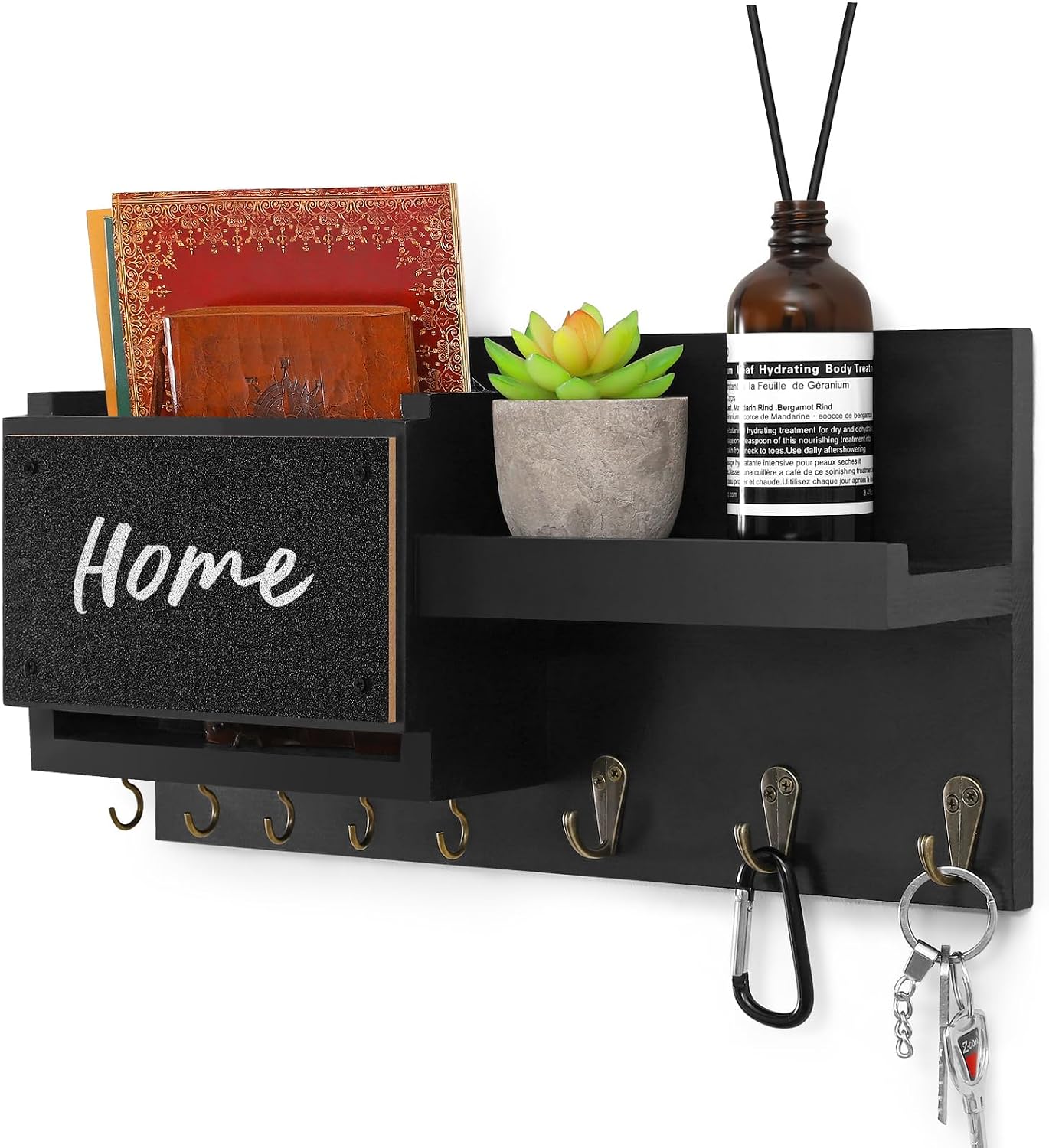 Decorative Key Hanging Rack with 8 Hooks – Easy Install Natural Wooden Key and Mail Holder for Wall Mount – Sunglasses Wallet Holder Entryway Decor with Shelf and Chalkboard (White)