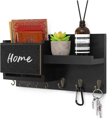 Decorative Key Hanging Rack with 8 Hooks – Easy Install Natural Wooden Key and Mail Holder for Wall Mount – Sunglasses Wallet Holder Entryway Decor with Shelf and Chalkboard (White)