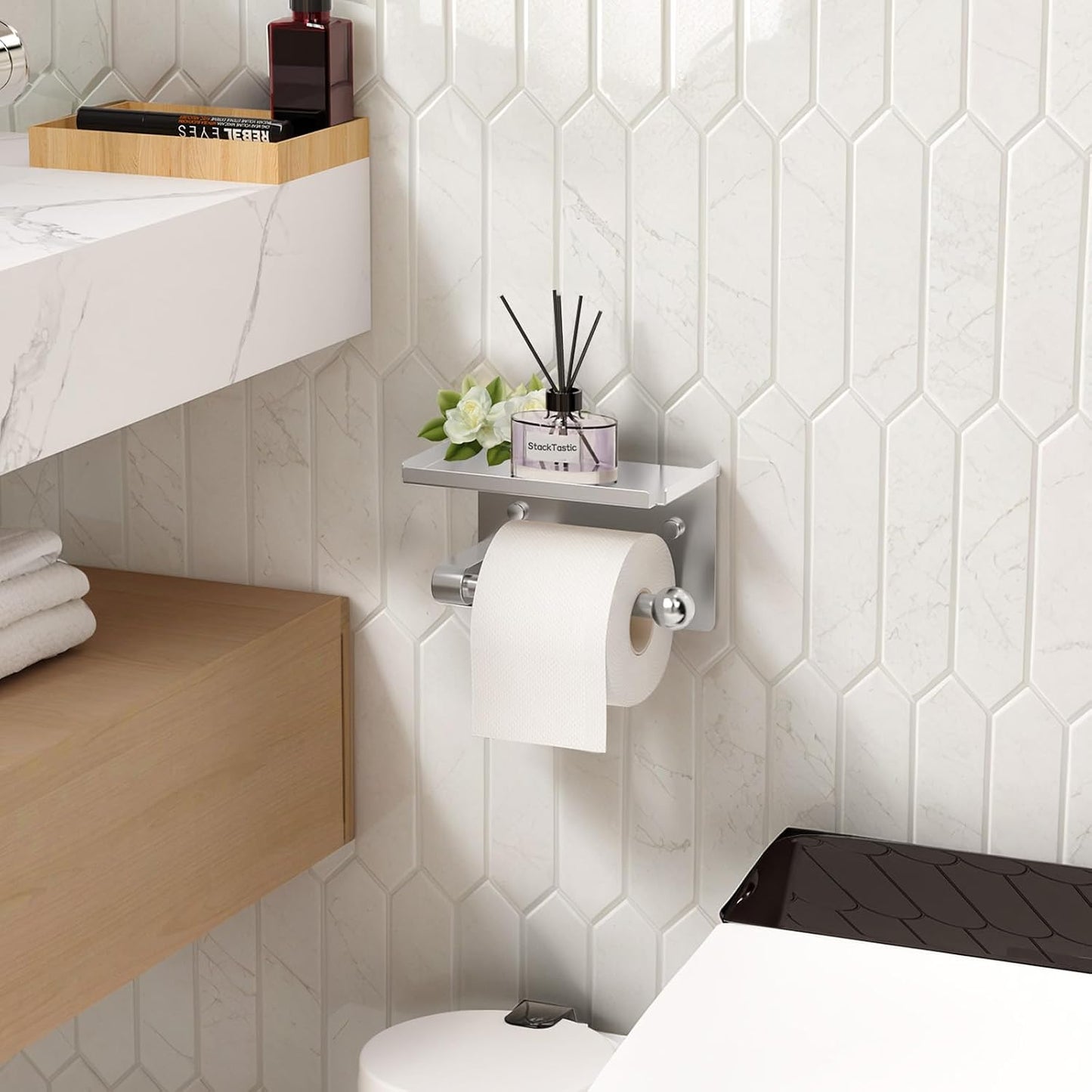 Toilet Paper Holder with Phone Storage Shelf, Matte Black | Wall Mount for Bathroom, No Drill Adhesive or Screw Mount, Rustproof Metal, Fits Mega Rolls