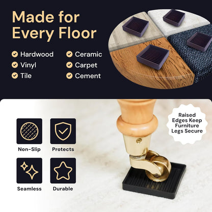 Non-Slip Furniture Pads - 4x4 in Brown, 4 Pack | Square rubber caster cups - anti-skid - Use for heavy sofas, beds & chairs on hardwood floors