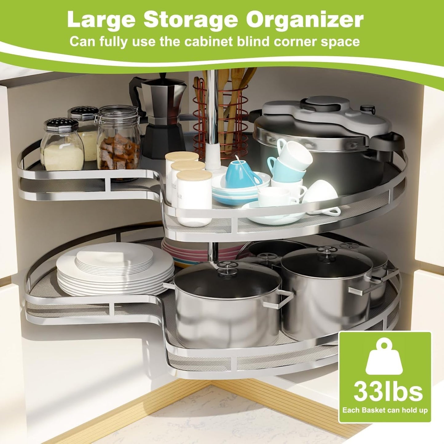 Blind Corner Cabinet Pull Out Organizer, Soft Close Swing Right Pull Out Cabinet Organizer 36inch, Corner Cabinet Lazy Susan for Corner Cabinet Blind Shelf, 2 Tiers Tray, Adjustable Height