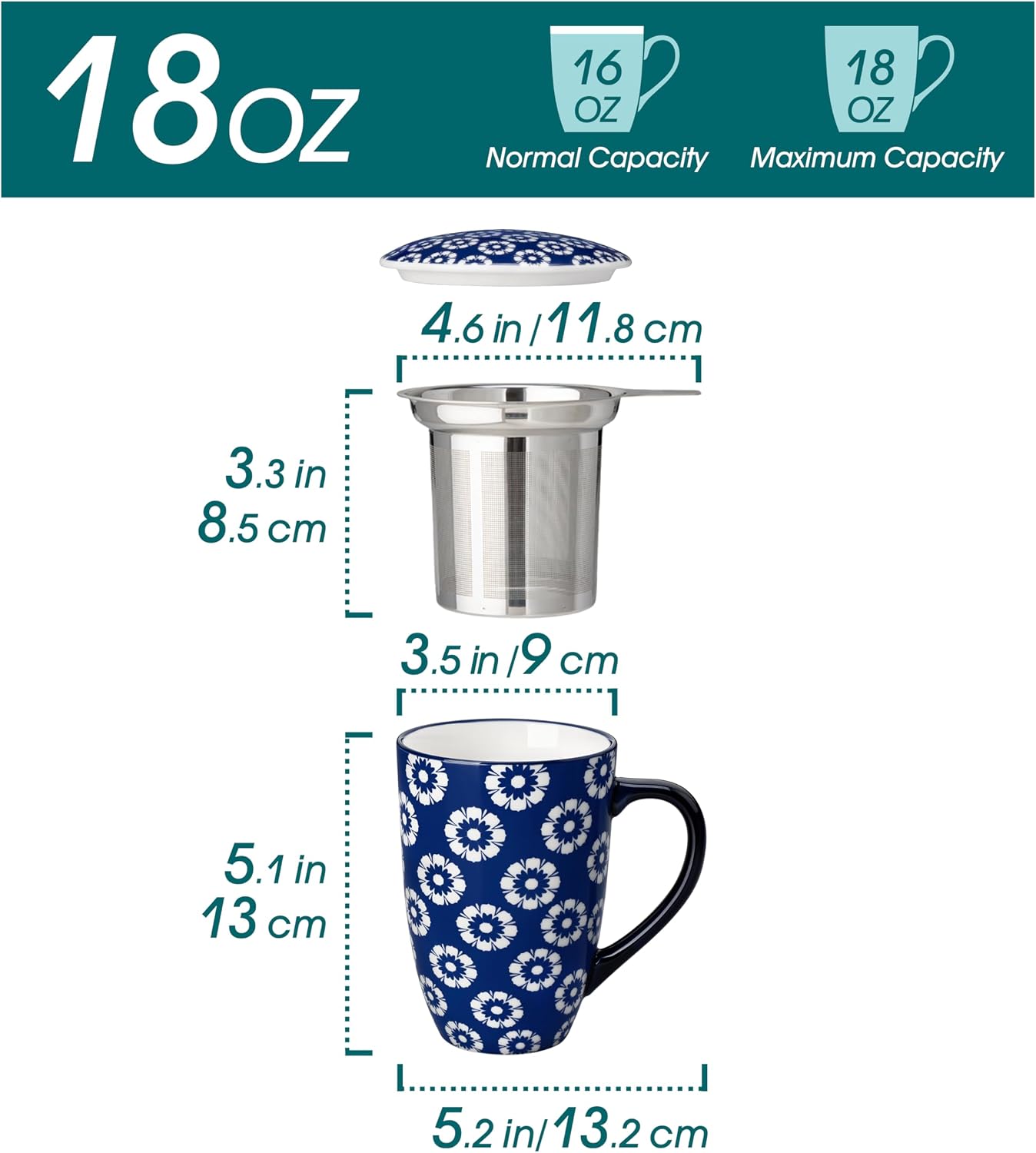 vancasso SELENE Porcelain Tea Mug, 18 oz Porcelain Tea Cup with Infuser and Lid Steeps Loose Leaf Tea, Microwave & Dishwasher Safe, Five-Leaf Clover