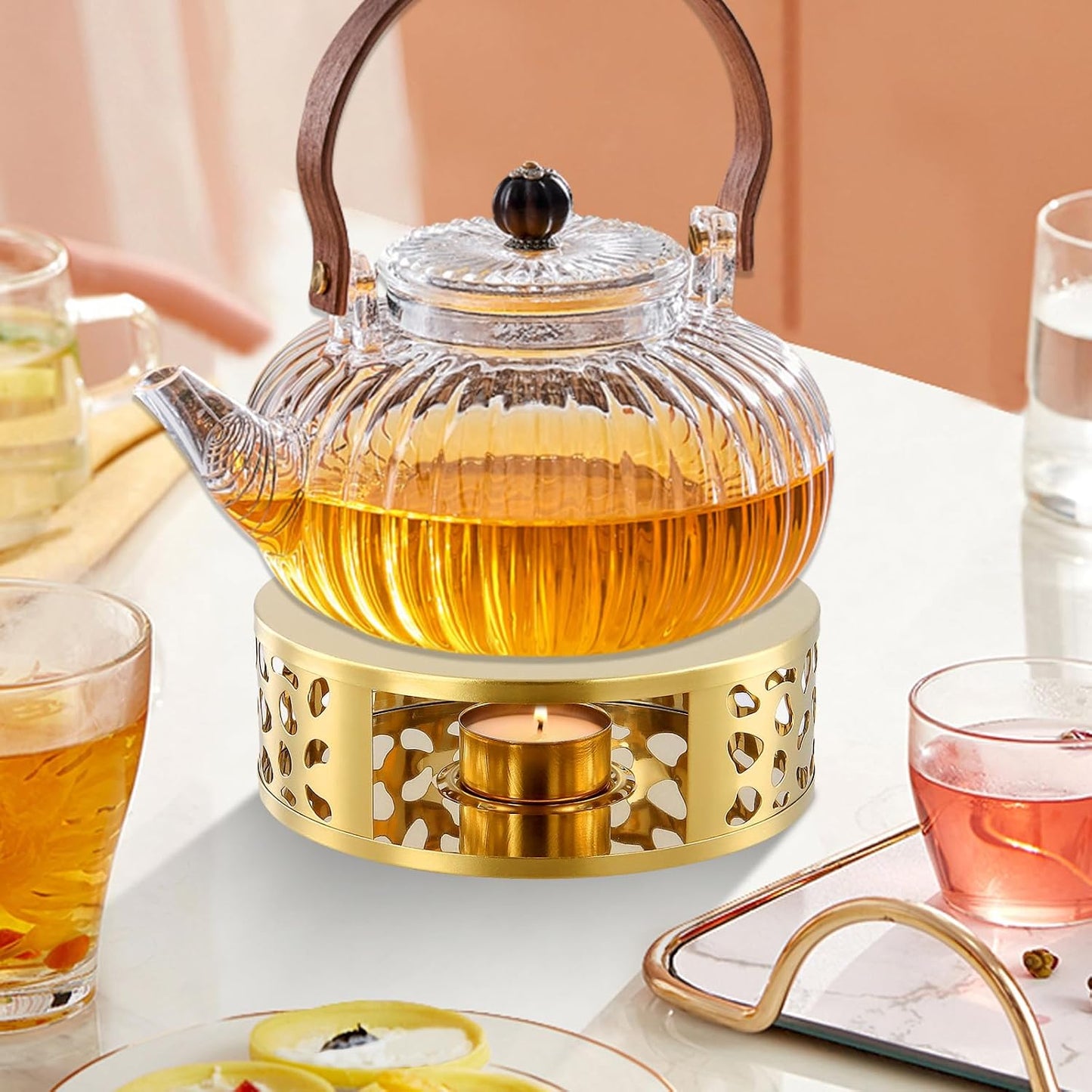 4 PCS Teapot Warmer, Stainless Steel Teapot Warmer, Metal Teapot Heater with Tealight Candle Holder, Brushed Coffee Tea Warmer Base for Glass or Ceramic Teapot, Gold