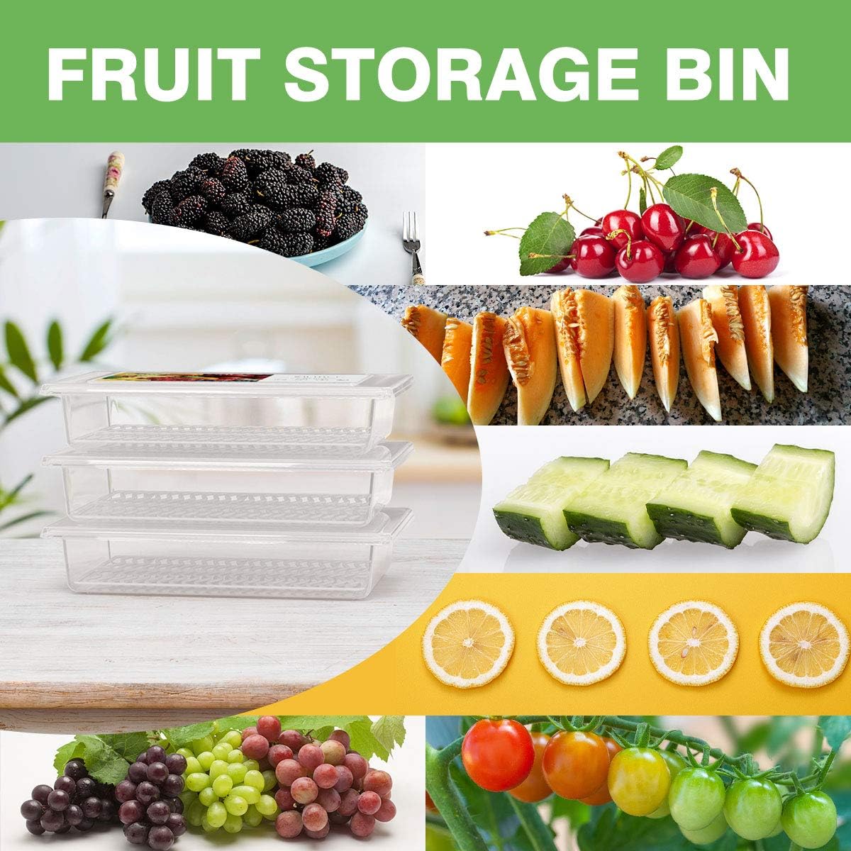 SILIVO Fruit Storage Containers for Fridge (3 Pack) - 1.5L Produce Saver Containers for Refrigerator with Removable Drain Tray Keep Fresh for Produce, Bacon, Fruits and Vegetables