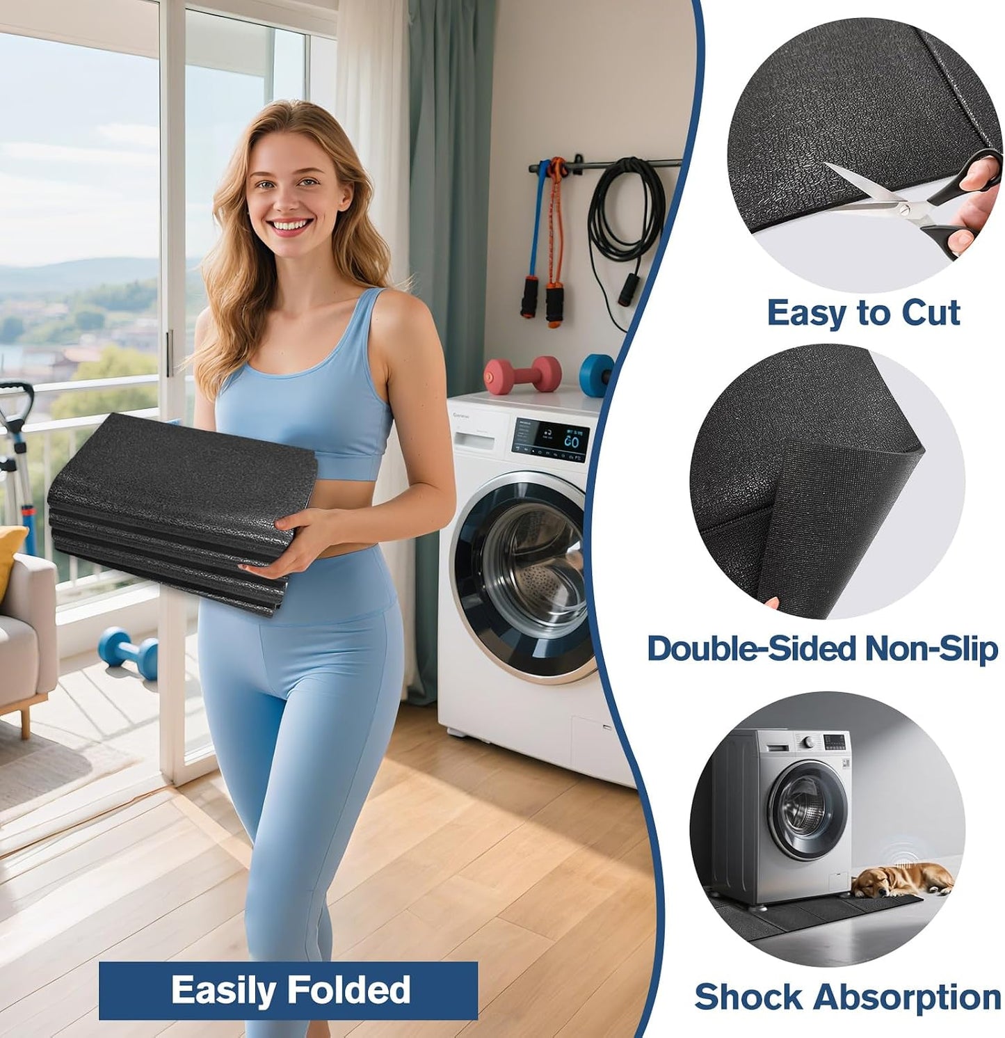 Washer Dryer Anti-Vibration Mat 62.9 * 29.5 Inches Foldable Rubber Mat for Washing Machine Dryer Waterproof Noise Reducing Pads Non-Slip Shockproof Mat for Floor Protection