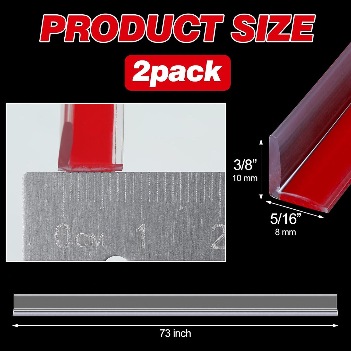 2 Pcs L-Type Seal Strip 3/8'' X 73'' Clear Vinyl Glass Shower Door | Self-adhesive for Easy Install, Water Dam at Shower Bottom Threshold, Fits Frameless Glass Gaps, Prevents Bathroom Leaks