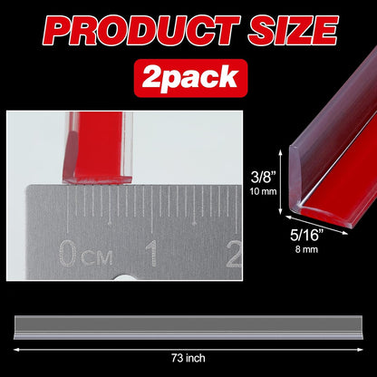 2 Pcs L-Type Seal Strip 3/8'' X 73'' Clear Vinyl Glass Shower Door | Self-adhesive for Easy Install, Water Dam at Shower Bottom Threshold, Fits Frameless Glass Gaps, Prevents Bathroom Leaks
