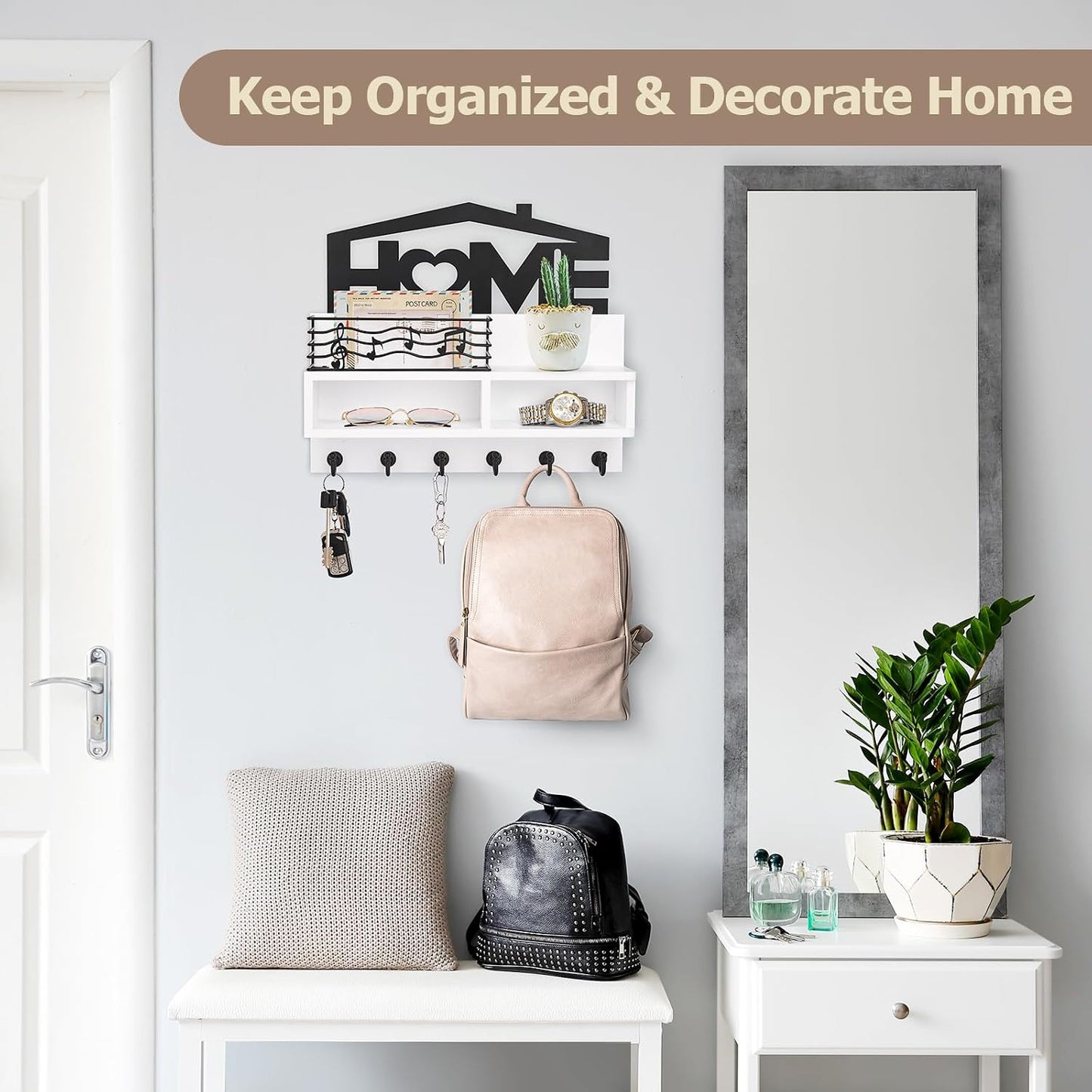 VIS'V Key Holder Wall Mount, Decorative Wood Mail and Key Organizer, White | Contains Iron Storage Basket, Small Shelf, 2 Compartments, 6 Hooks, for Entryway, Hallway, Doorway, Kitchen, Garage, RV