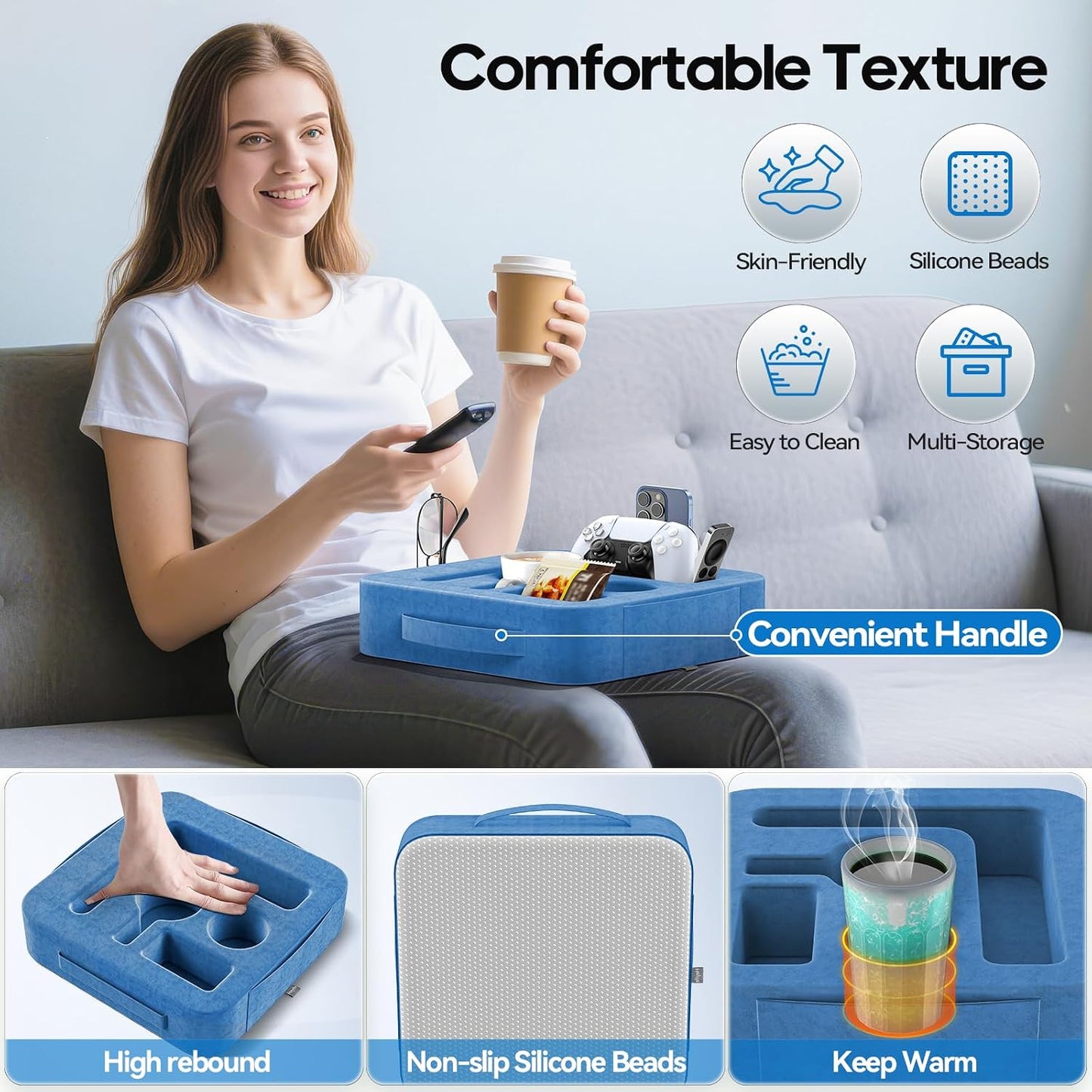 Couch Cup Holder Pillow, Sofa and Bed Caddy for iPad, Kindle, Switch, Game Controller, Remotes, Phones, Small-Sized Cup & Drink Holder for Couch, Bed, Desk, Car, Beach, Bathroom Cup Holder