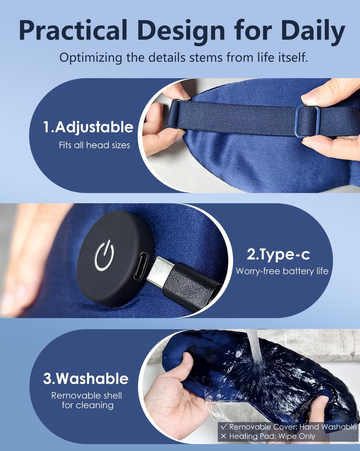 Heated Eye Mask for Dry Eyes – Cordless Warm Eye Compress, 100% Mulberry Silk Sleep Mask with Graphene Heating, 3 Heat Levels and Auto Shut-Off, Rechargeable and Washable Blue
