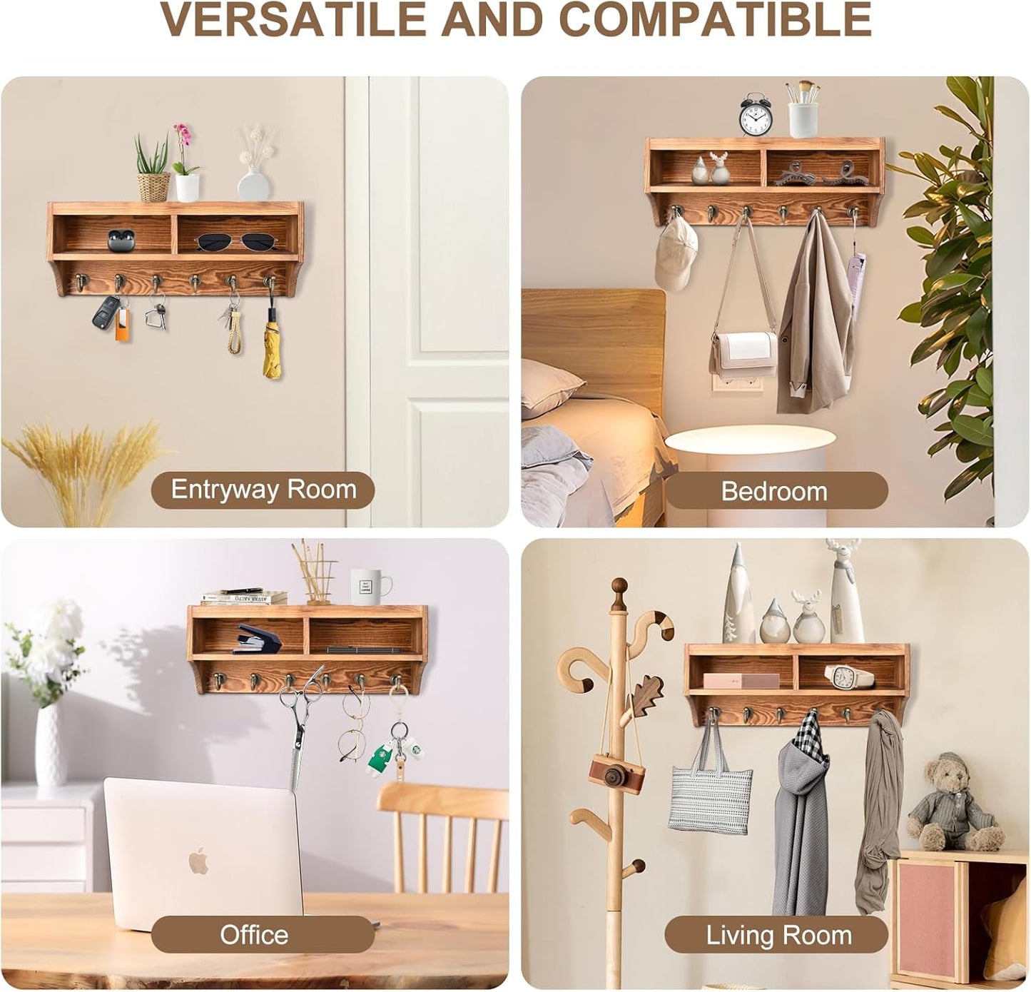 Key Holder Wall Mount with Mail Organizer, 6 Hooks & Shelf, Brown | Wood Key Holder Wall Mount with 6 Key Hooks, Shelf & Storage Box and Mail Organizer for Entryway, Apartment, Home and Office